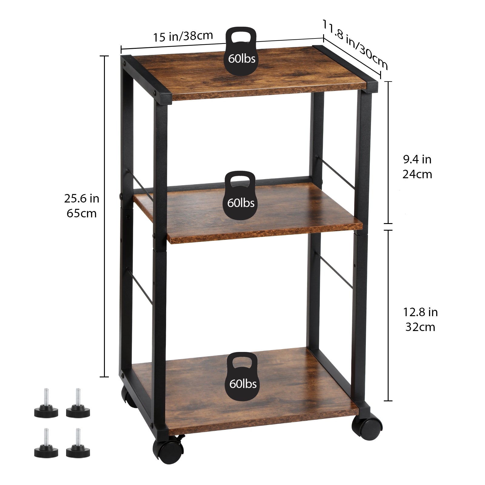 3-Tier Rolling Printer Stand - Under Desk Industrial Printer Cart with Adjustable Height