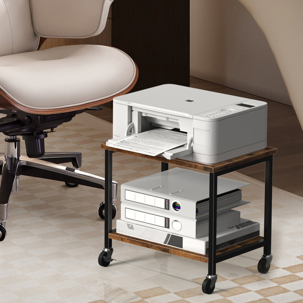 2-Tier Desktop Printer Stand - Under-Desk Rolling Office Organizer Rack with Height Adjustment, Brown,