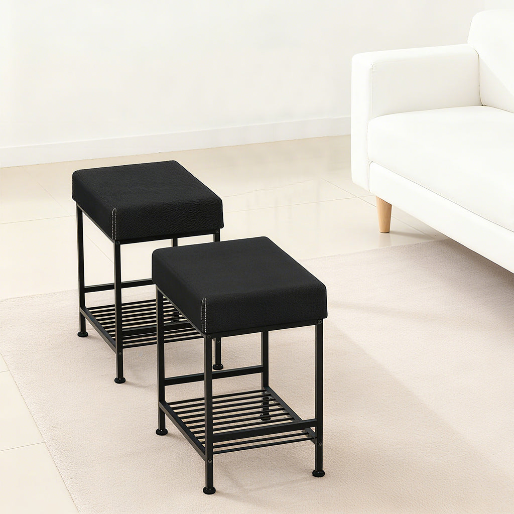 Square Vanity Stool with Storage Shelf, Black Faux Leather Padded Makeup Ottoman Bench, Heavy Duty Metal Frame Foot Stool with Adjustable Anti-Slip Feet, Multi Purpose Shoe Bench for Bedroom Entryway Living Room Bathroom
