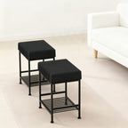 Square Vanity Stool with Storage Shelf, Black Faux Leather Padded Makeup Ottoman Bench, Heavy Duty Metal Frame Foot Stool with Adjustable Anti-Slip Feet, Multi Purpose Shoe Bench for Bedroom Entryway Living Room Bathroom