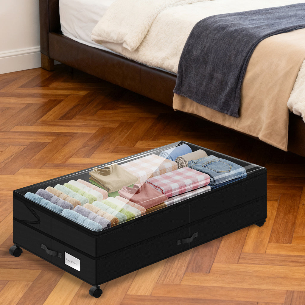80L Rolling Under Bed Storage Container with Clear Lid - Adjustable Large Capacity Shoe & Clothes Bin with Reinforced Handles & Smooth Wheels, Black