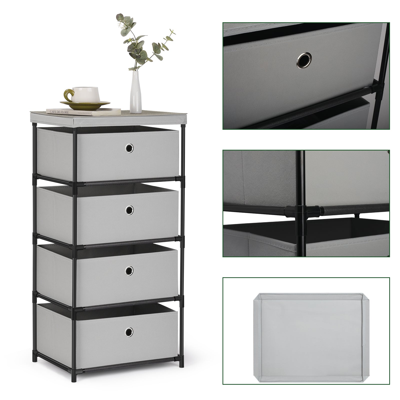 4-Drawer Light Grey Fabric Dresser - Storage Tower for Bedroom, Closets & Dorms