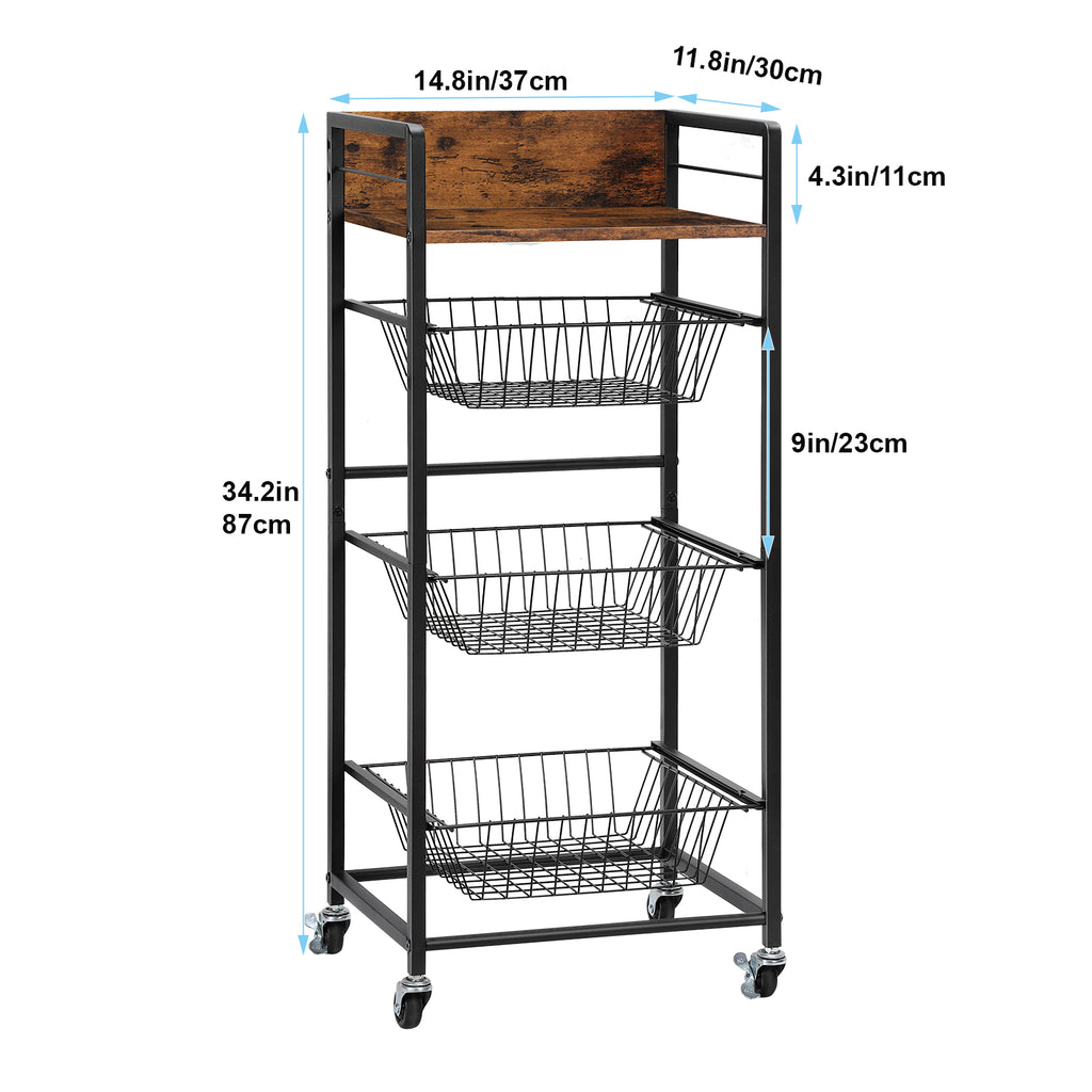 4-Tier Kitchen Fruit & Vegetable Trolley - Mobile Pantry Storage Rack with Pull-Out Wire Baskets,