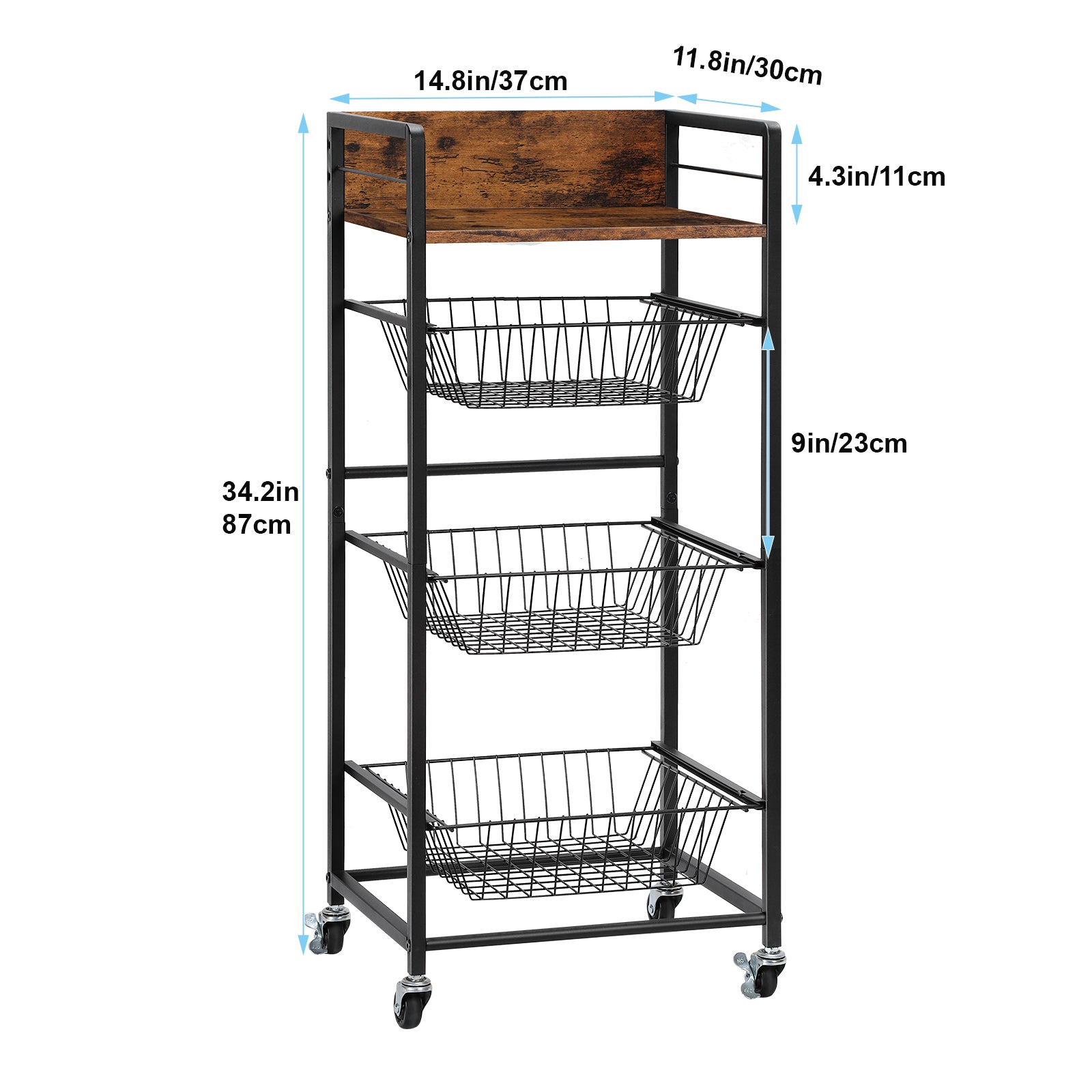 4-Tier Kitchen Fruit & Vegetable Trolley - Mobile Pantry Storage Rack with Pull-Out Wire Baskets,