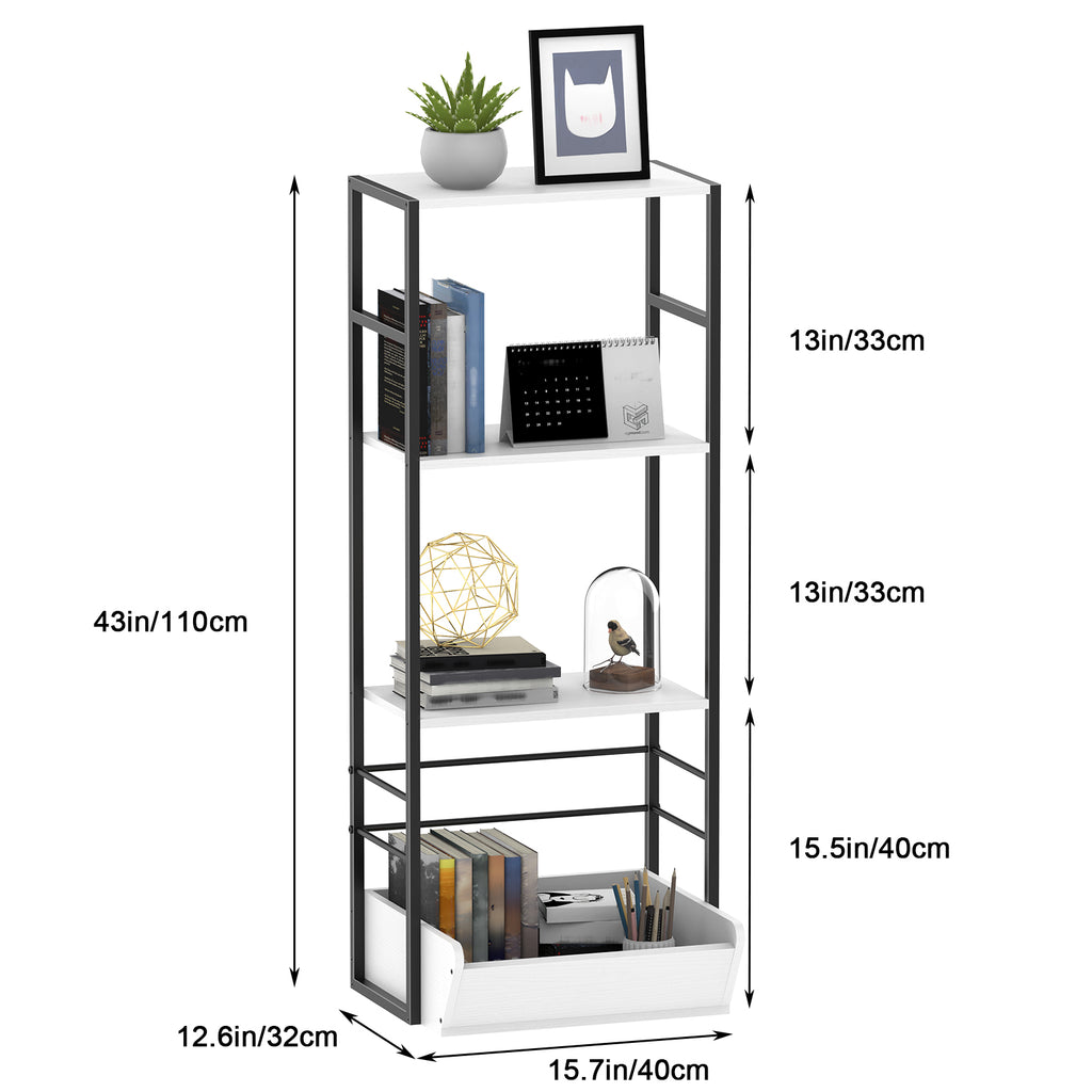 4-Tier White Bookshelf with Storage Bin, Modern Toy Organizer and Display Shelf for Kids Room, Bedroom and Home Office,