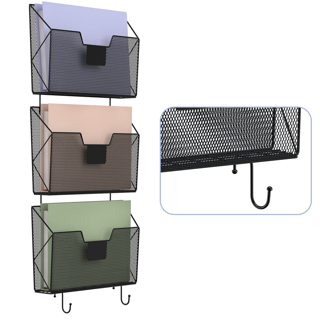 3-Pack Mesh Wall File Organizer, Hanging Document Holder with Hooks for Home & Office