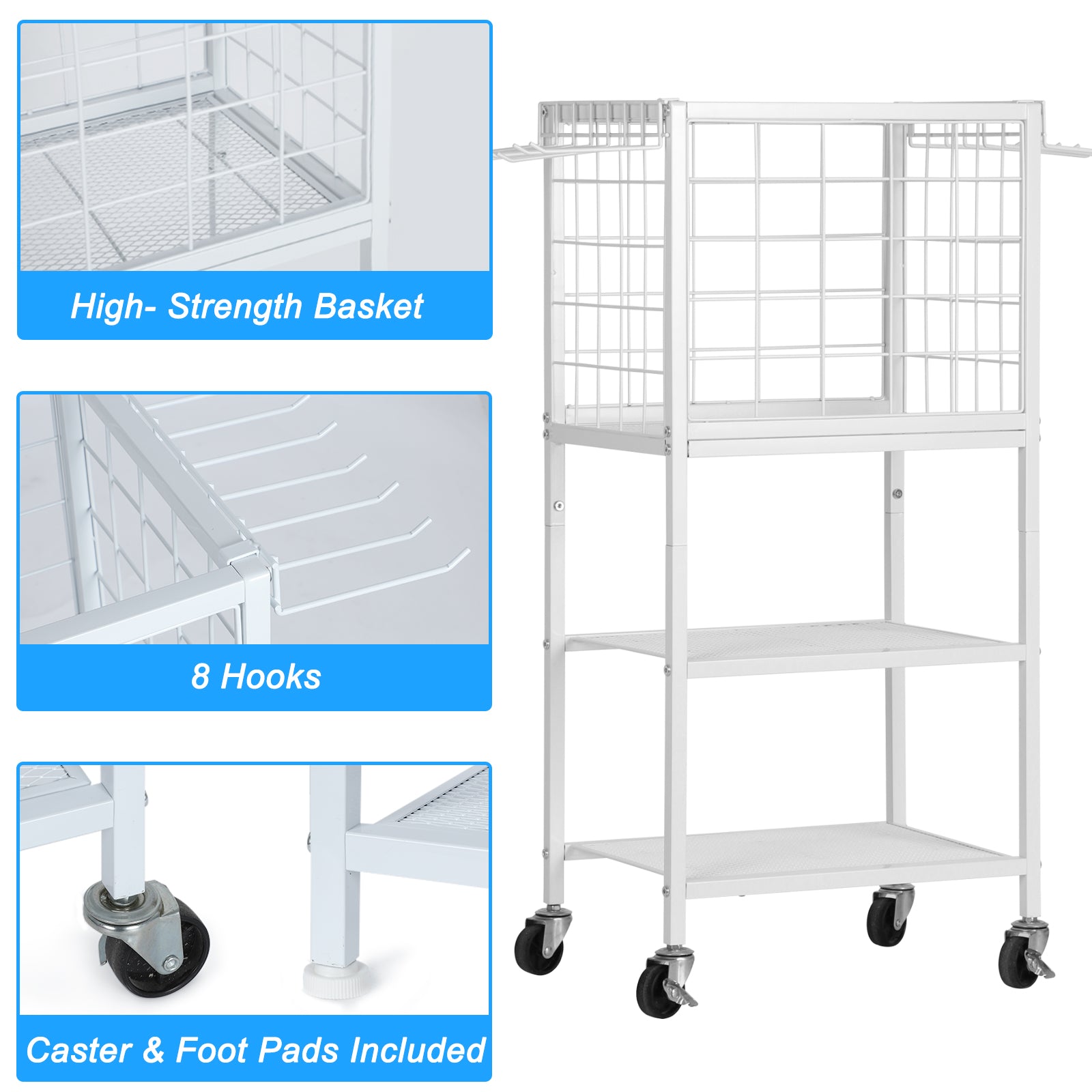 Home Gym Equipment Storage Rack w/ Wheels - Weight Rack, Yoga Mat Holder & Hooks, White