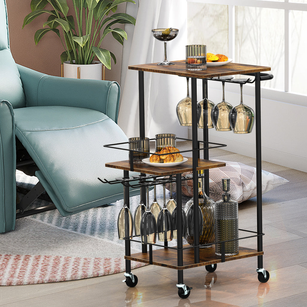 3-Tier Industrial Bar Cart - Mobile Wine Serving Trolley with Glass Holder & Bottle Storage,