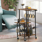 3-Tier Industrial Bar Cart - Mobile Wine Serving Trolley with Glass Holder & Bottle Storage,