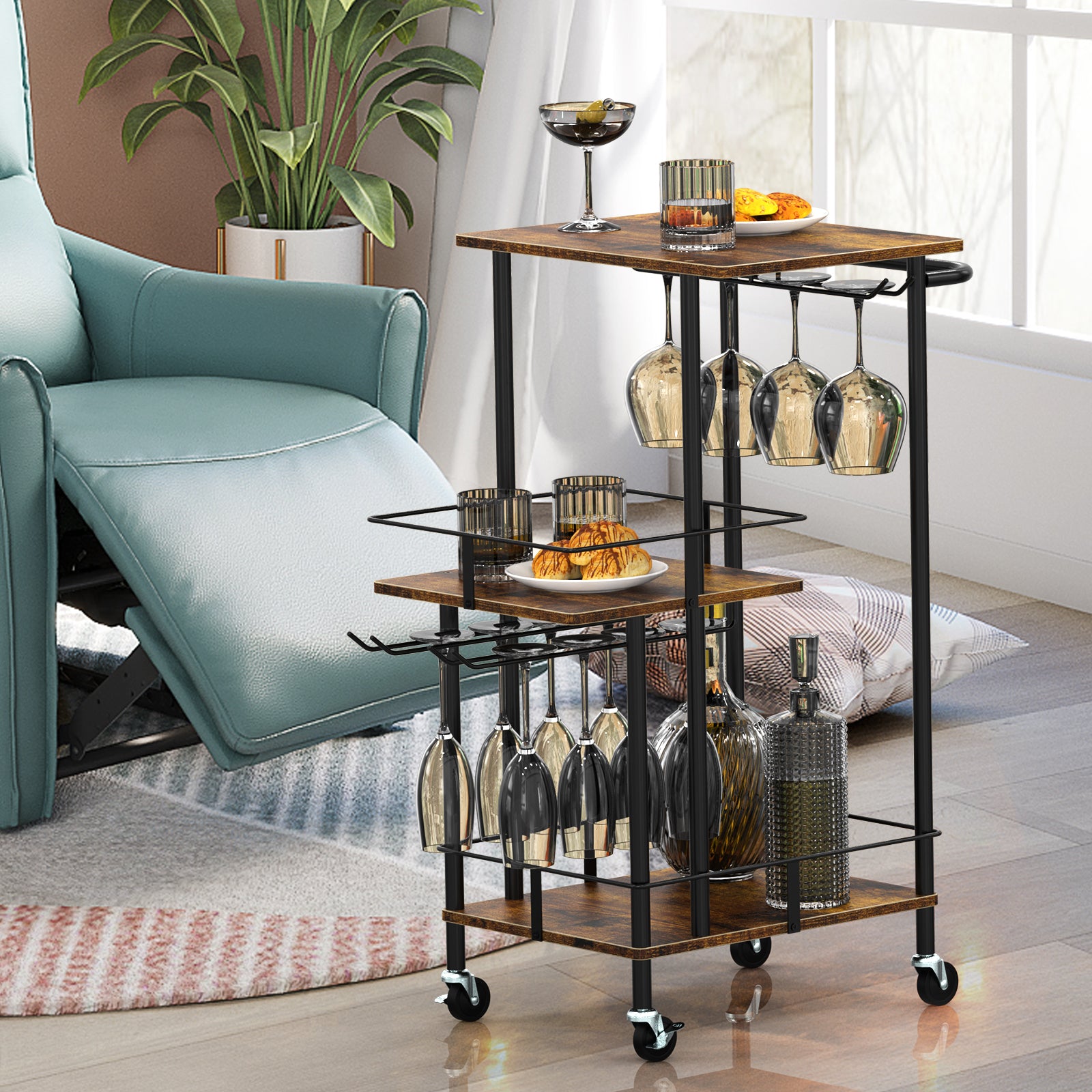 3-Tier Industrial Bar Cart - Mobile Wine Serving Trolley with Glass Holder & Bottle Storage,