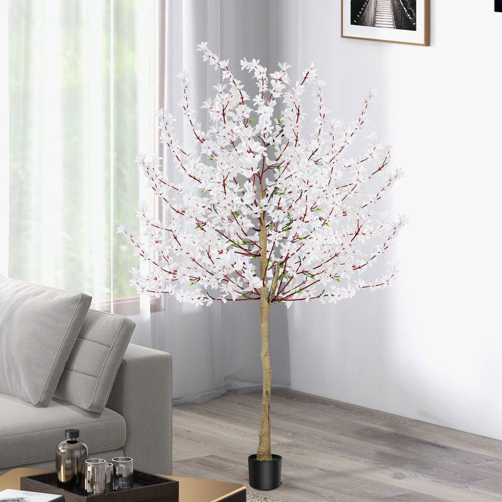 6ft Artificial Winter Jasmine Tree with White Flowers, Tall Faux Potted Blooming Plant for Indoor Home Office & Wedding Decor