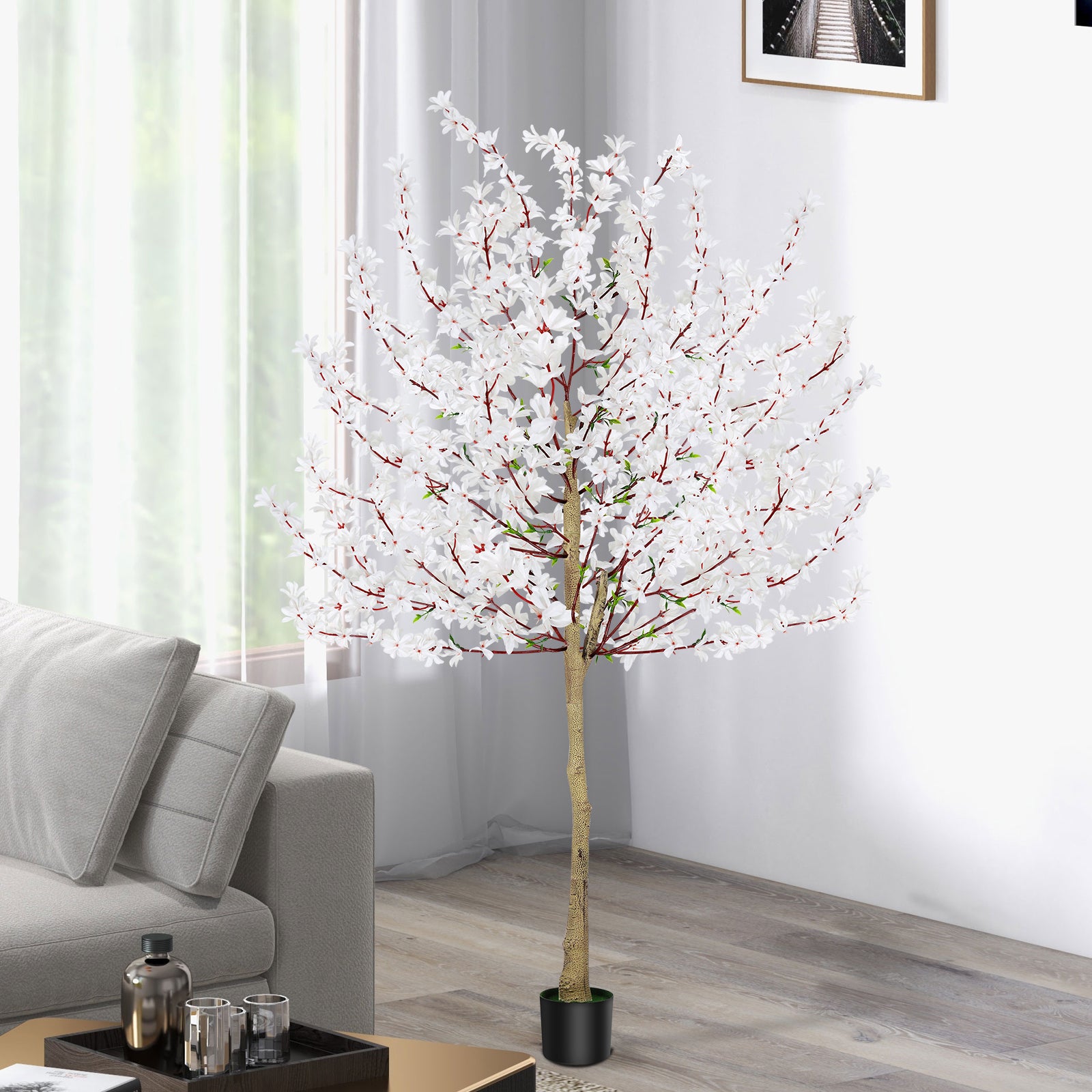 6ft Artificial Winter Jasmine Tree with White Flowers, Tall Faux Potted Blooming Plant for Indoor Home Office & Wedding Decor