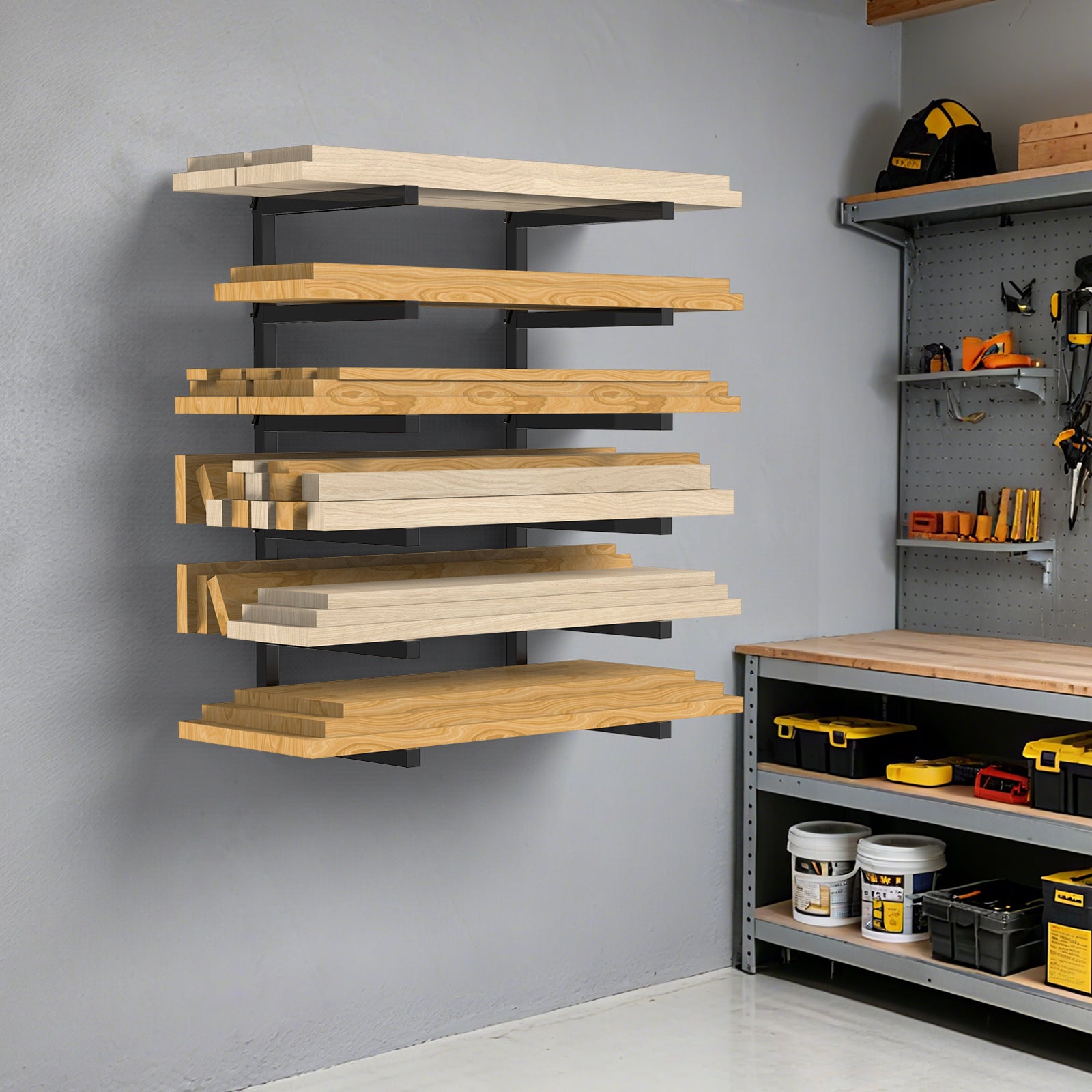 6-Level Wall-Mounted Lumber Rack - Vertical Wood Storage Organizer for Indoor and Outdoor Workshop