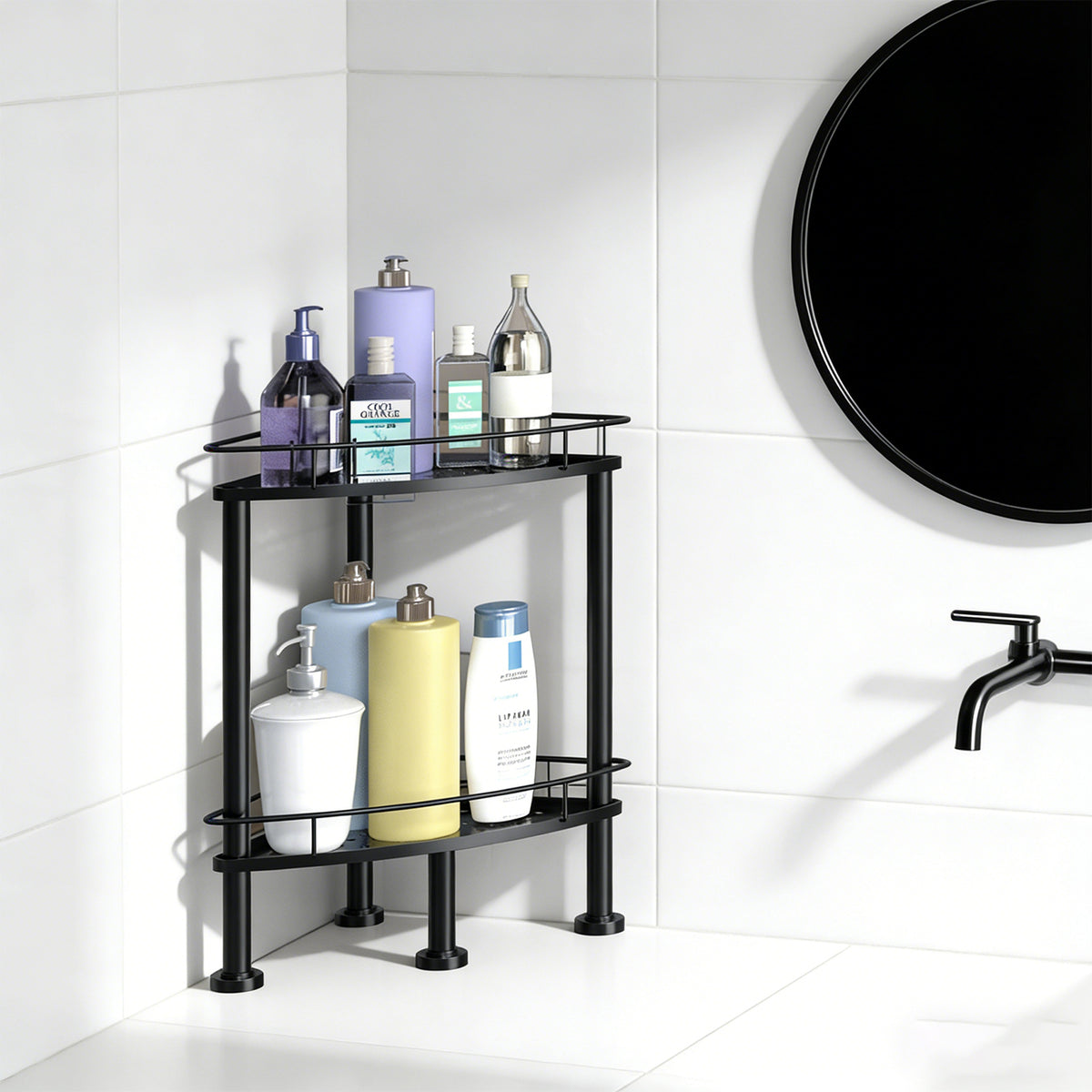 4/3/2 Tier Corner Shower Caddy Stand, Bathroom Storage Corner Shelves for Bathroom Shampoo Storage Organizer with Soap Rack and Hooks, Rustproof Metal Sturdy Floor Shower Shelf with Soap Holder, Easy to Install, Black