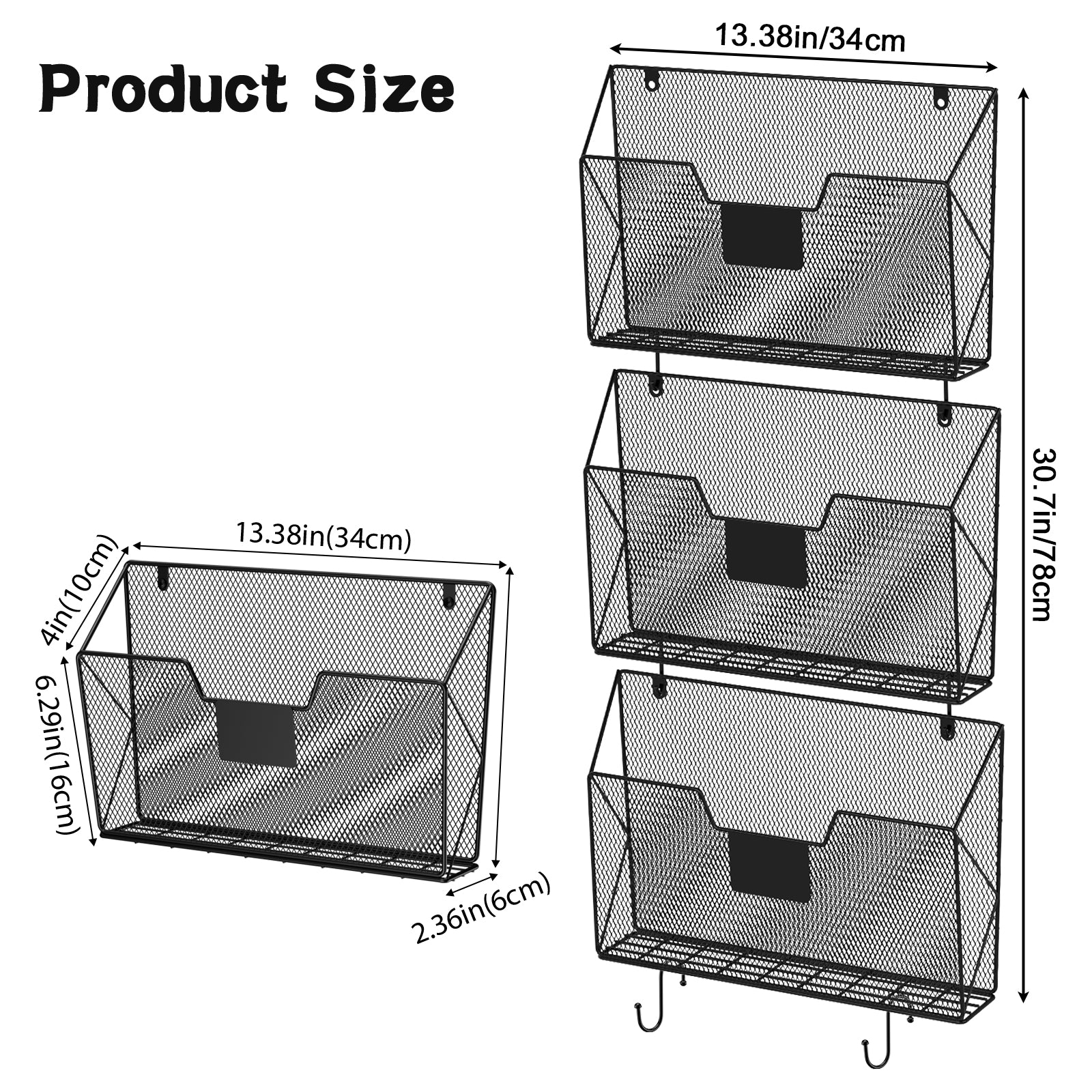 3-Pack Mesh Wall File Organizer, Hanging Document Holder with Hooks for Home & Office