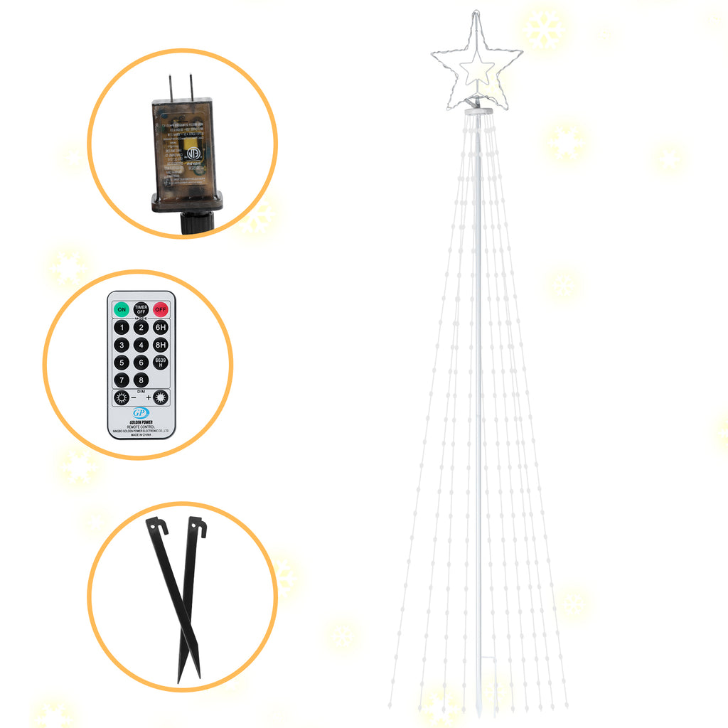 Outdoor Christmas Star Tree Light, 11-Foot Waterfall String Lights with Topper Star for Yard and Party Decorations, Warm White,