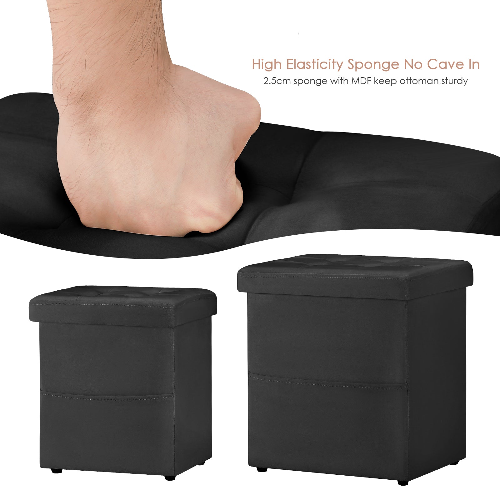 Set of 2 Black Storage Ottoman Foot Stools, Tufted Upholstered Foot Rest with Side Pocket, Collapsible Cube Ottoman Bench Max 500 LBS Capacity for Living Room, Bedroom, Sofa Side