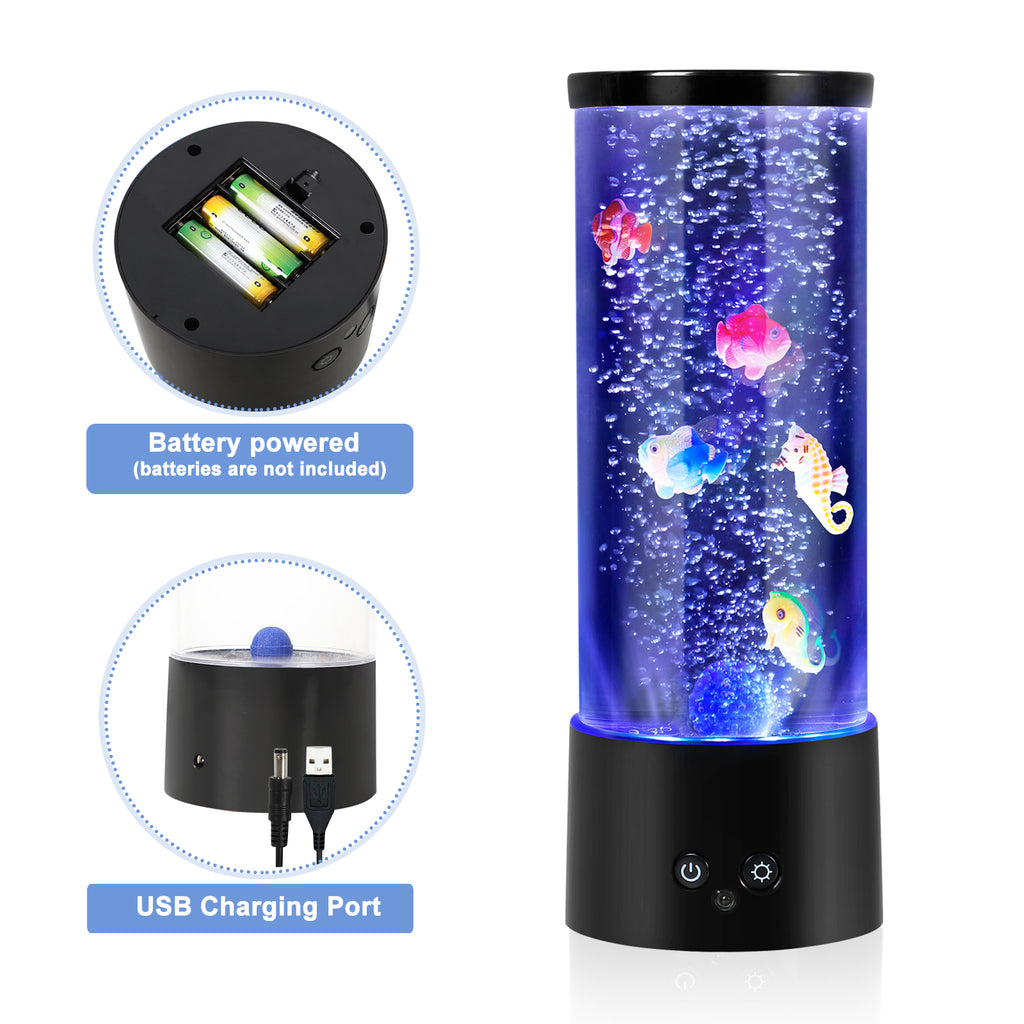 Color Changing Bubble Fish Lamp - Desktop Artificial Aquarium with 4 Lighting Modes - USB or Battery Powered Mood Light for Kids' Room & Relaxation