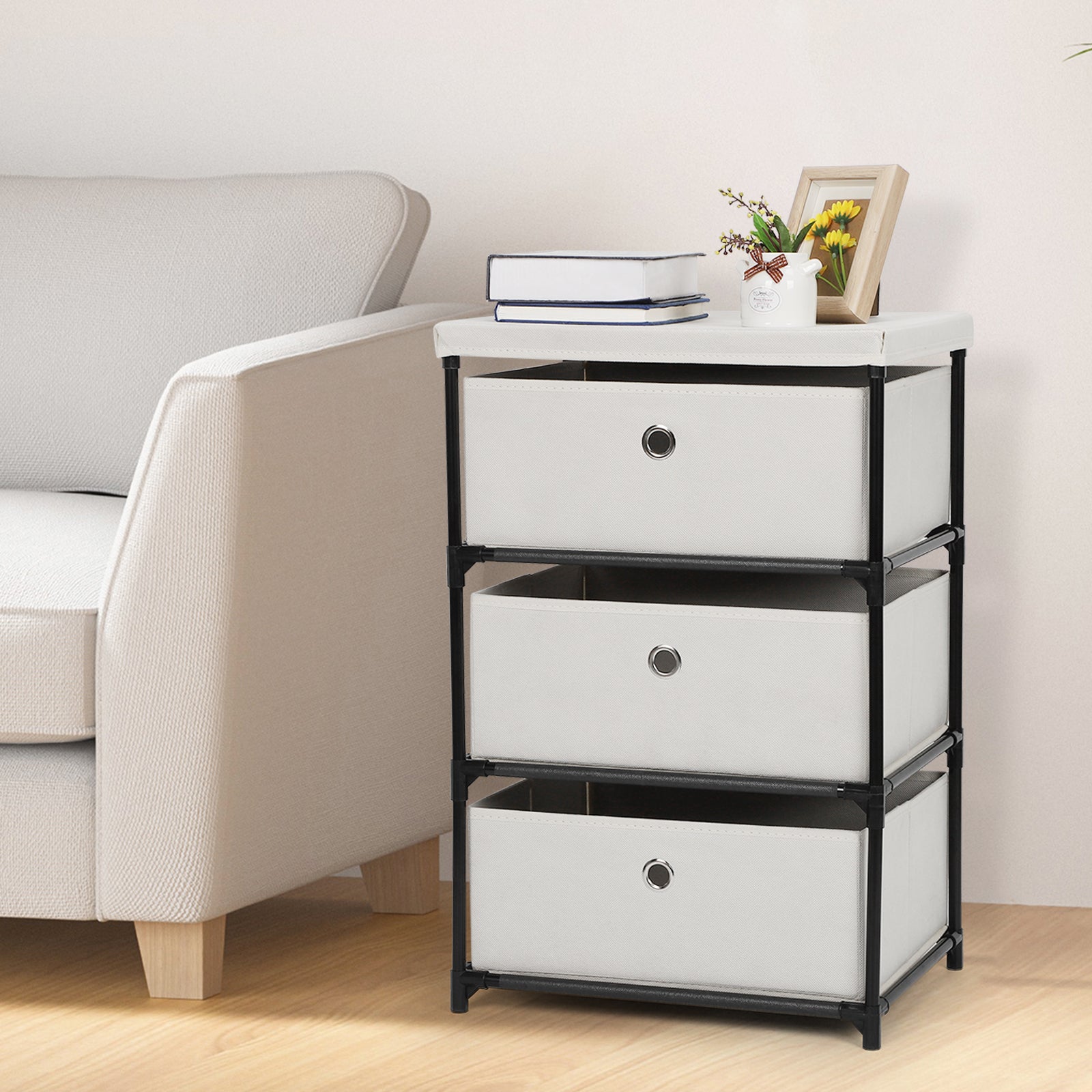 2-Pack Small White Fabric Dressers - Matching 3-Drawer Storage Units for Bedroom & Nursery