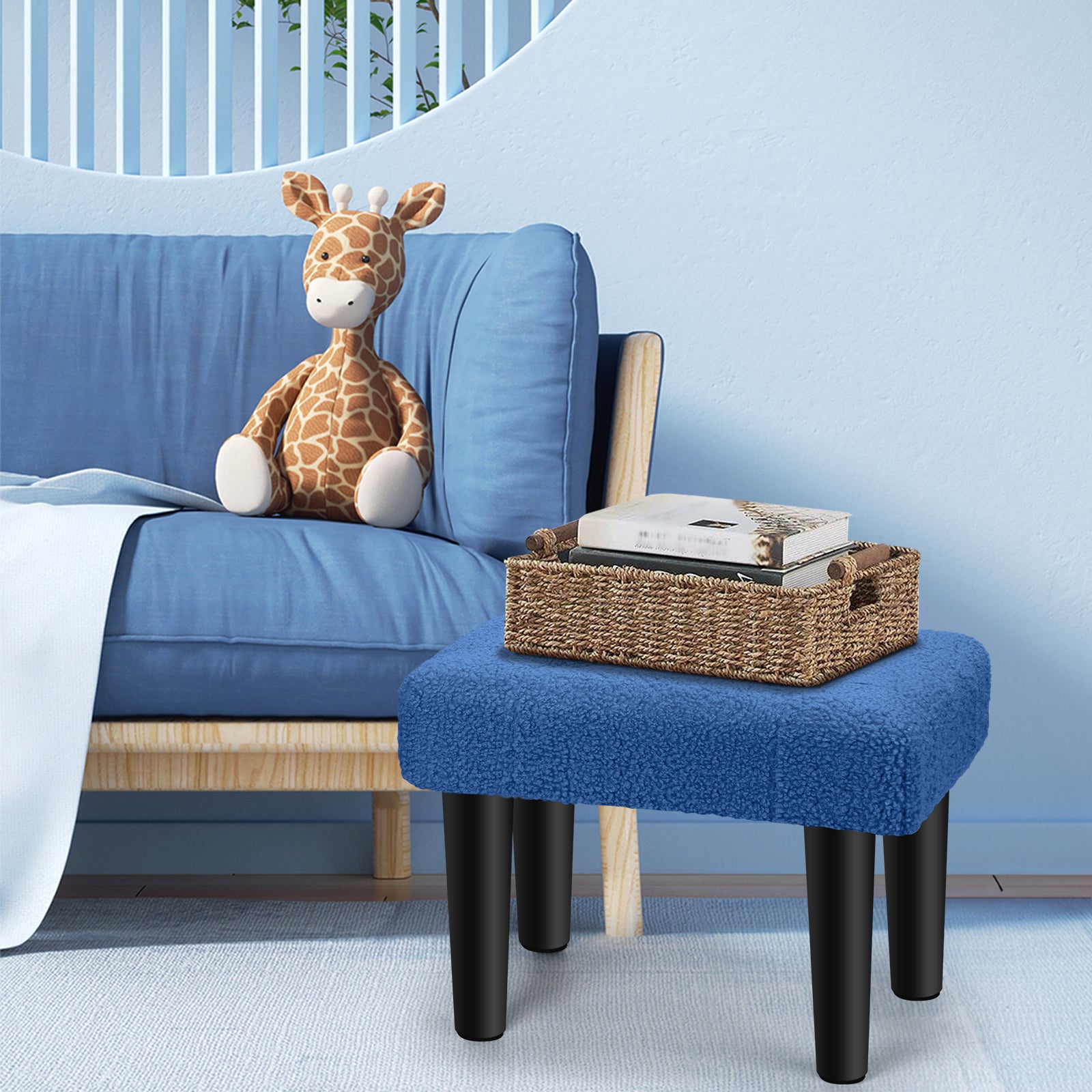 Small Teddy Velvet Foot Stool with Wood Legs, Tufted Rectangle Ottoman Foot Rest, Soft Padded Mini Footstool for Under Desk, Bedroom, Living Room, Sofa Side, Entryway, Dark Blue