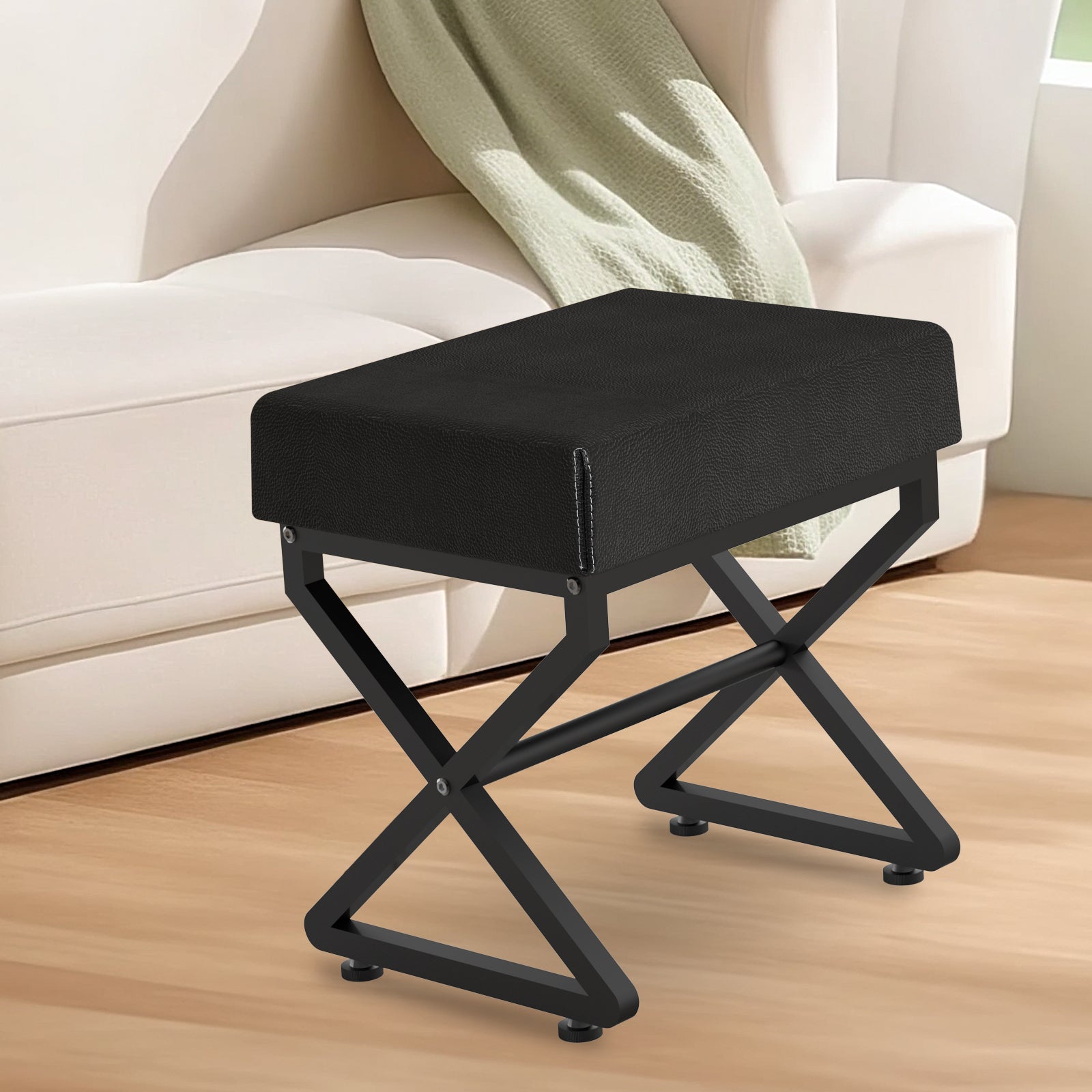 19.69 Inch X Frame Vanity Stool, Waterproof PU Leather Padded Makeup Ottoman Bench, Heavy Duty Black Metal X Leg Foot Rest Stool, Multi Use Shoe Stool for Bedroom Entryway Living Room