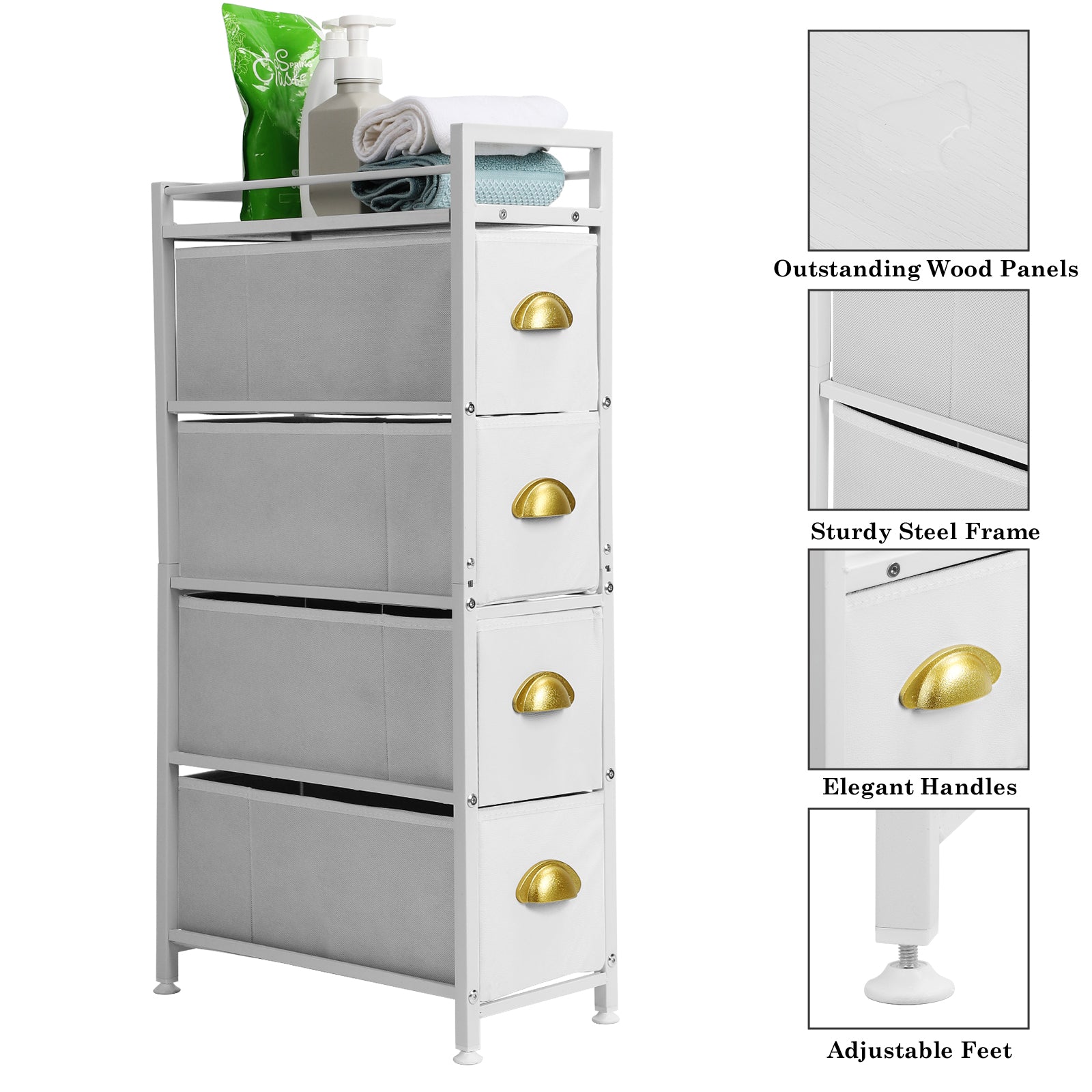 Narrow 4-Drawer White Fabric Cabinet - Slim Gaps Storage Tower for Laundry & Entryway