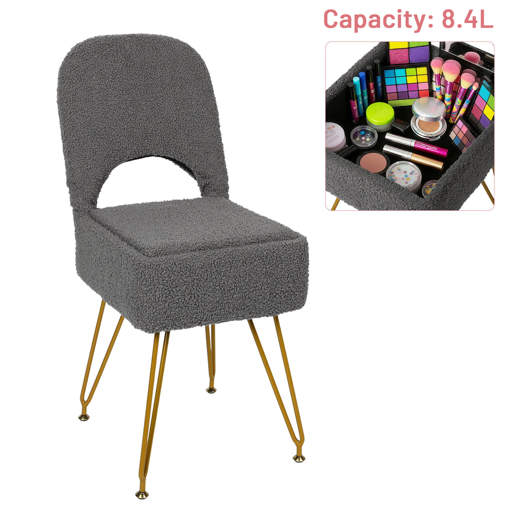 Modern Teddy Alpaca Fur Storage Vanity Stool, Hollow Cutout Back Makeup Chair with Detachable Zipper Storage Box, Anti-Slip Gold Metal Legs Padded Accent Chair for Dressing Room, Apartment Decor