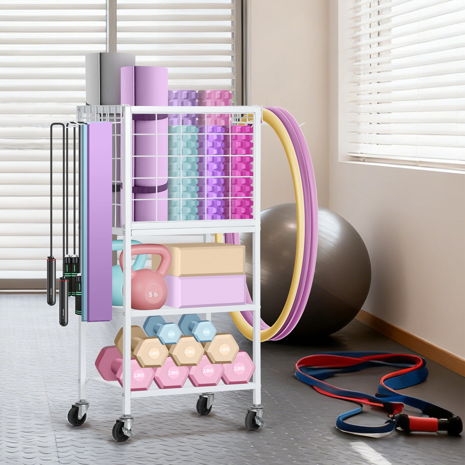 Home Gym Equipment Storage Rack w/ Wheels - Weight Rack, Yoga Mat Holder & Hooks, White