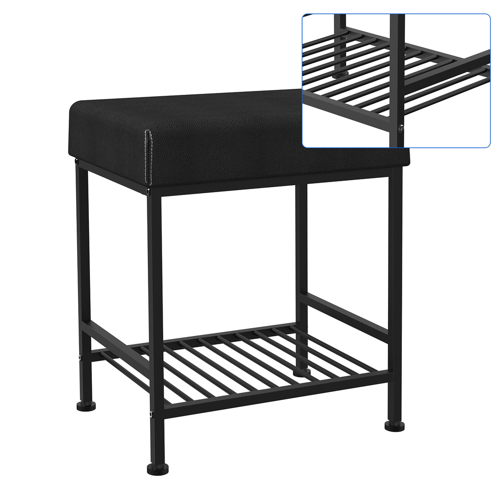 Square Vanity Stool with Storage Shelf, Black Faux Leather Padded Makeup Ottoman Bench, Heavy Duty Metal Frame Foot Stool with Adjustable Anti-Slip Feet, Multi Purpose Shoe Bench for Bedroom Entryway Living Room Bathroom