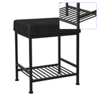 Square Vanity Stool with Storage Shelf, Black Faux Leather Padded Makeup Ottoman Bench, Heavy Duty Metal Frame Foot Stool with Adjustable Anti-Slip Feet, Multi Purpose Shoe Bench for Bedroom Entryway Living Room Bathroom