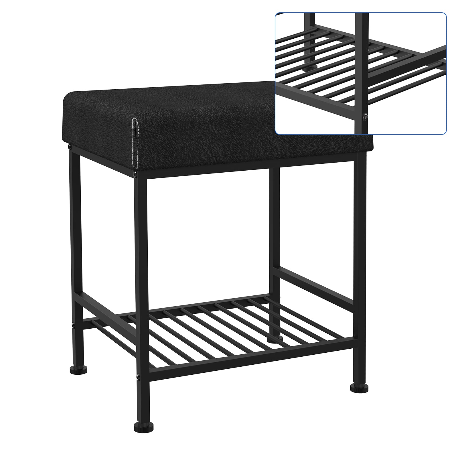 Square Vanity Stool with Storage Shelf, Black Faux Leather Padded Makeup Ottoman Bench, Heavy Duty Metal Frame Foot Stool with Adjustable Anti-Slip Feet, Multi Purpose Shoe Bench for Bedroom Entryway Living Room Bathroom