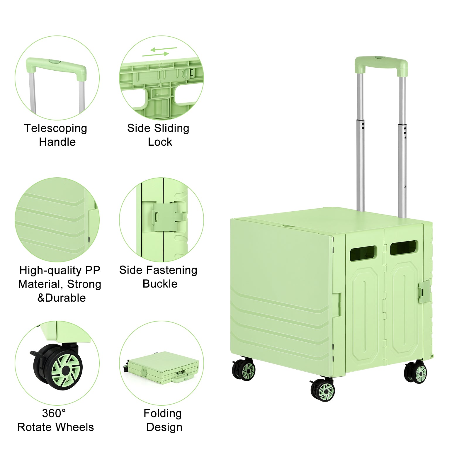 Portable Folding Shopping & Utility Cart - 4-Wheeled Collapsible Rolling Crate with Telescoping Handle - Heavy-Duty Moving Trolley for Groceries