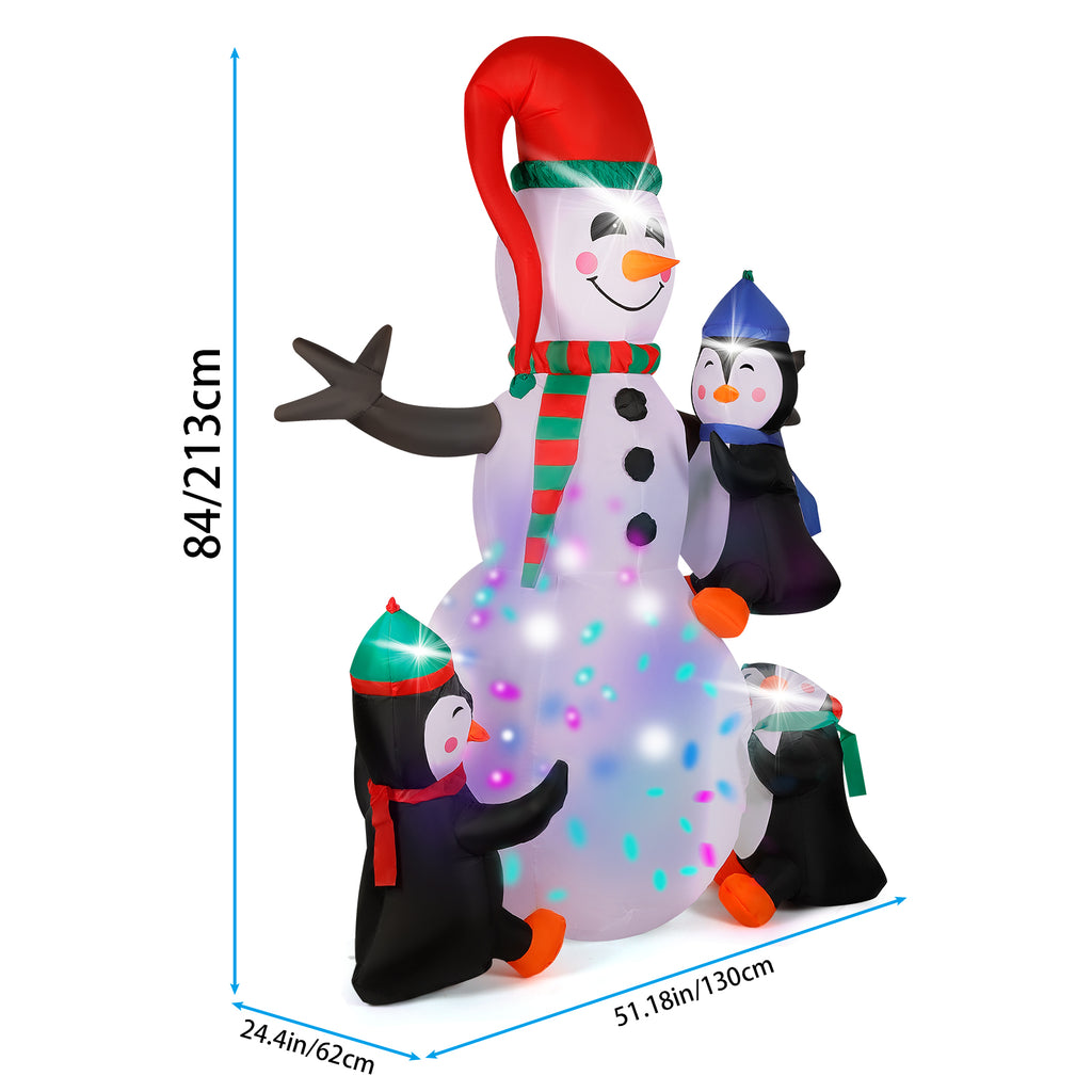 7FT Christmas Inflatable Snowman with 3 Penguins & Rotating Multi-Color LED Lights, Animated Yard Decor