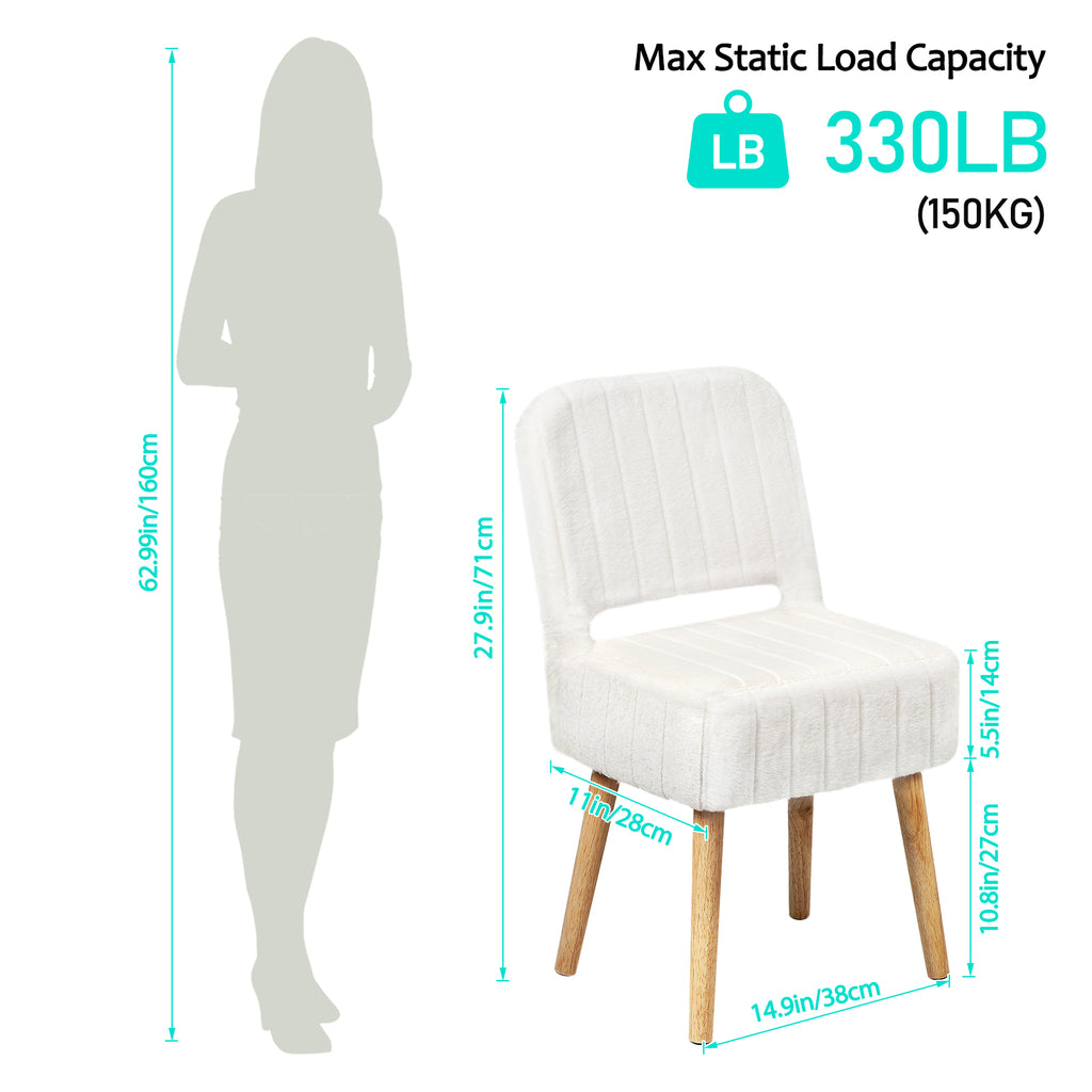 White Faux Rabbit Fur Vanity Chair with Storage & Foldable Cutout Back, Upholstered Makeup Stool with Solid Wood Legs, 330 LBS Capacity Padded Ottoman Seat for Bedroom, Makeup Room, Dressing Table