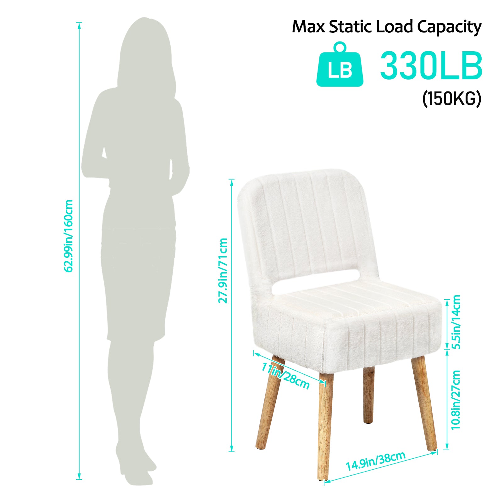White Faux Rabbit Fur Vanity Chair with Storage & Foldable Cutout Back, Upholstered Makeup Stool with Solid Wood Legs, 330 LBS Capacity Padded Ottoman Seat for Bedroom, Makeup Room, Dressing Table