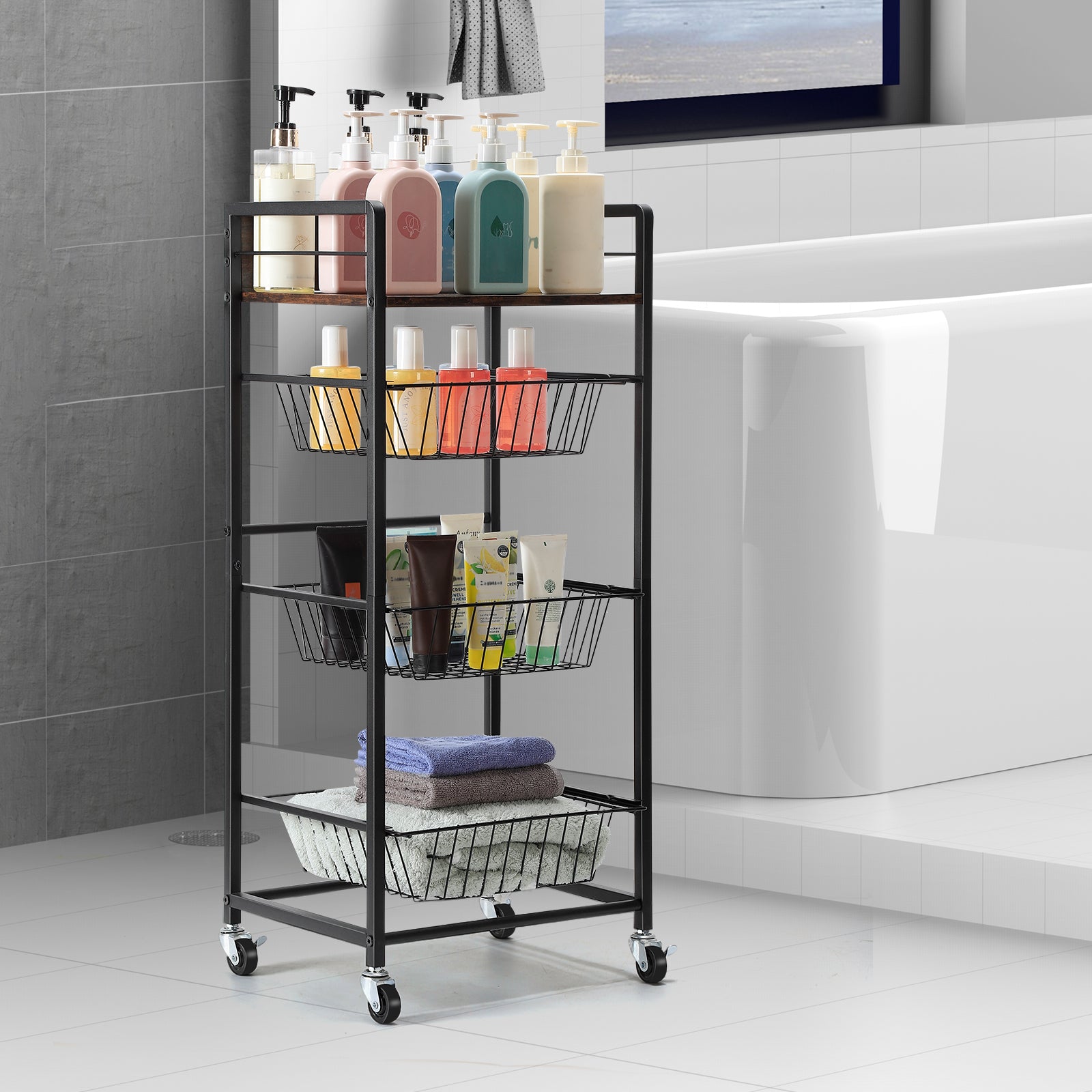 4-Tier Kitchen Fruit & Vegetable Trolley - Mobile Pantry Storage Rack with Pull-Out Wire Baskets,