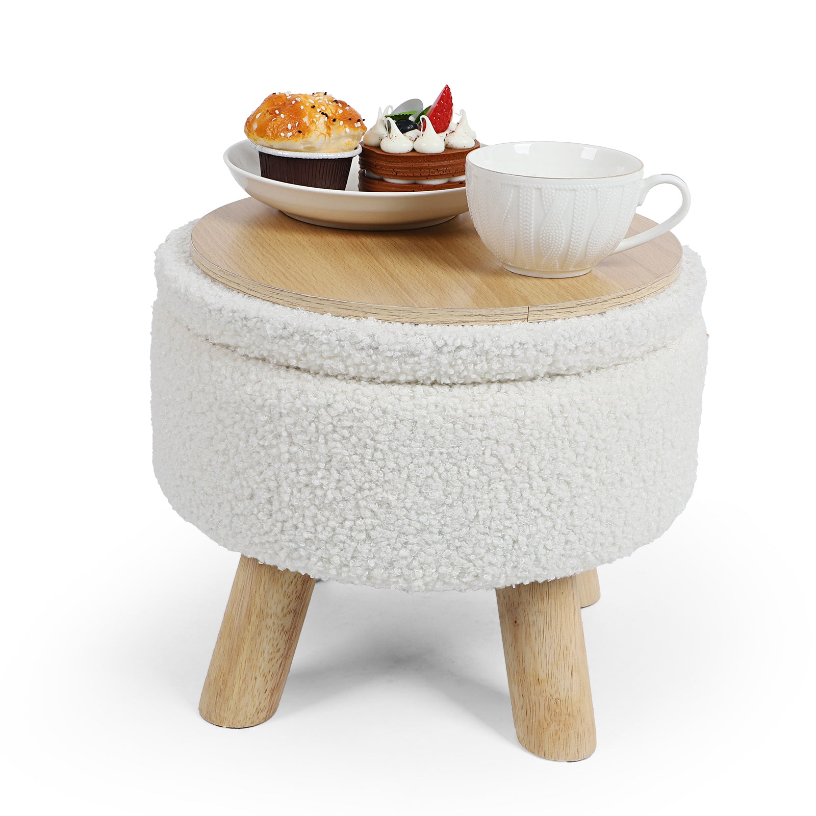 Small Round Boucle Storage Ottoman - Teddy Velvet Foot Rest with Wood Legs