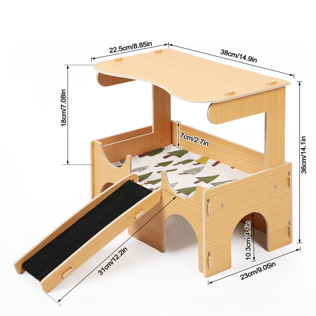 Wooden Guinea Pig House & Hideout, Small Animal Habitat with Ramp and Cushion for Hamsters & Rabbits