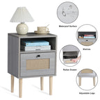 Mid-Century Modern Rattan Nightstand - Boho Grey Side Table with Drawer for Bedroom