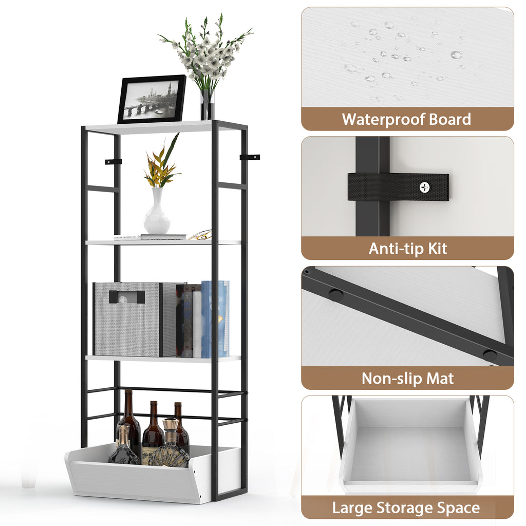 4-Tier White Bookshelf with Storage Bin, Modern Toy Organizer and Display Shelf for Kids Room, Bedroom and Home Office,