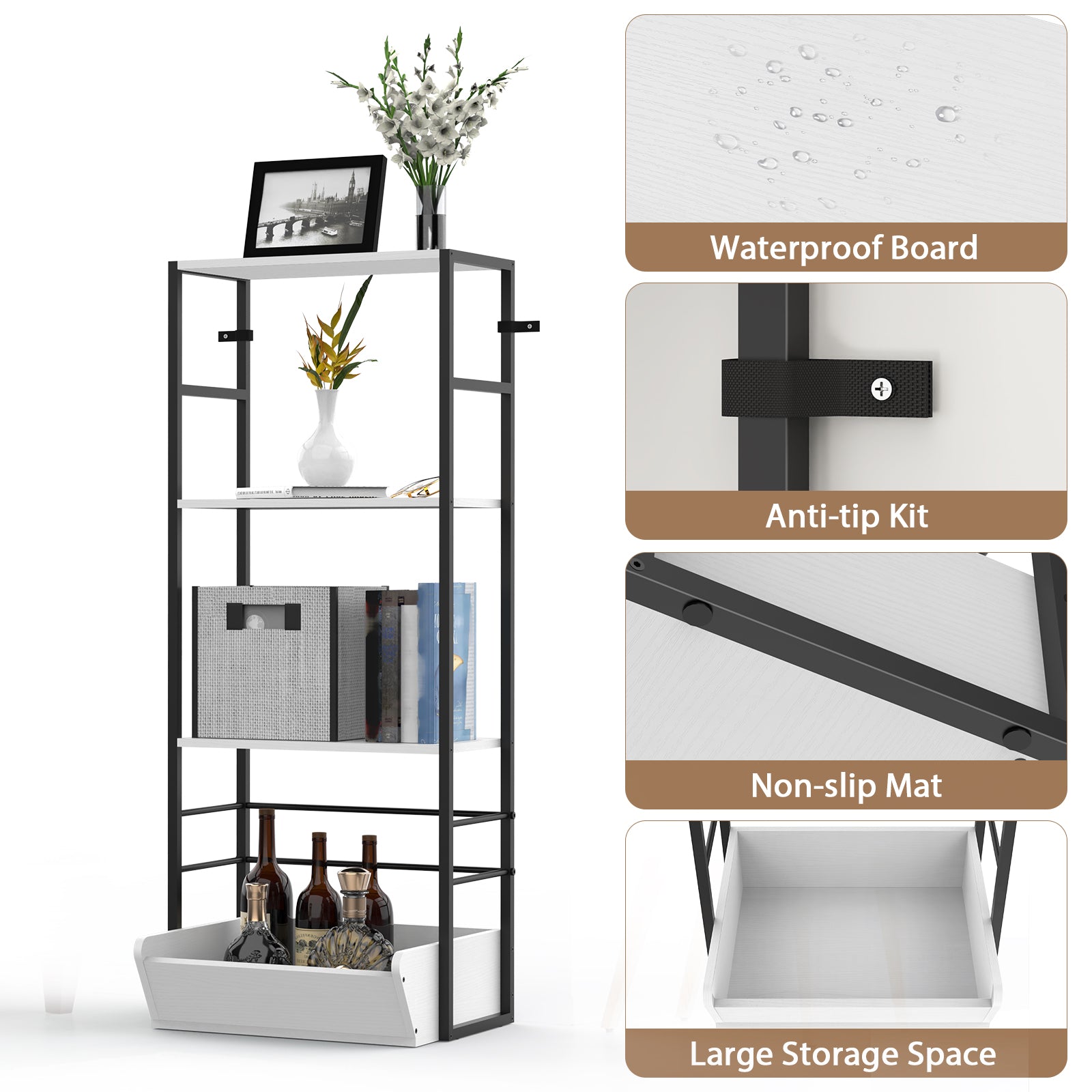 4-Tier White Bookshelf with Storage Bin, Modern Toy Organizer and Display Shelf for Kids Room, Bedroom and Home Office,