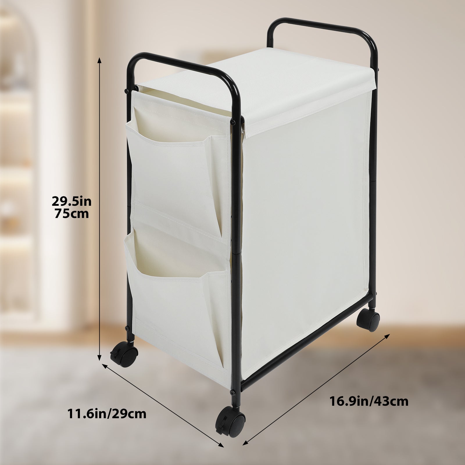 Slim Rolling Laundry Basket with Wheels - Narrow Laundry Hamper with Side Pockets, Portable Dirty Clothes Storage Organizer for Laundry Room, Bedroom and Small Spaces, White