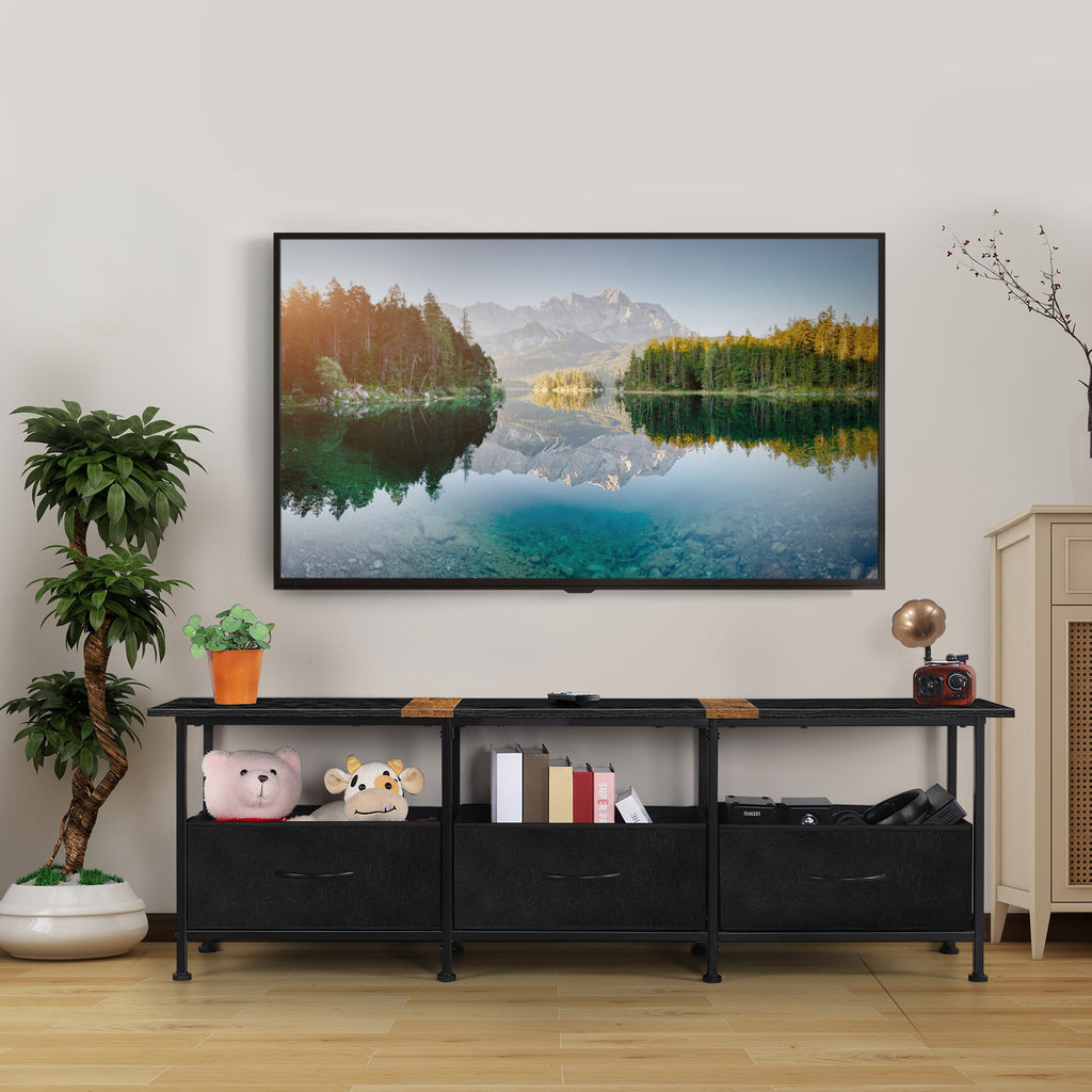 53" Industrial TV Stand for TVs up to 60" - Entertainment Center with 3 Fabric Storage Drawers, Black,