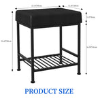 Square Vanity Stool with Storage Shelf, Black Faux Leather Padded Makeup Ottoman Bench, Heavy Duty Metal Frame Foot Stool with Adjustable Anti-Slip Feet, Multi Purpose Shoe Bench for Bedroom Entryway Living Room Bathroom