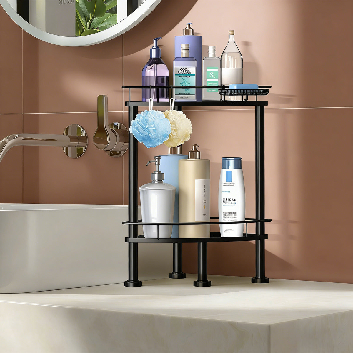 4/3/2 Tier Corner Shower Caddy Stand, Bathroom Storage Corner Shelves for Bathroom Shampoo Storage Organizer with Soap Rack and Hooks, Rustproof Metal Sturdy Floor Shower Shelf with Soap Holder, Easy to Install, Black