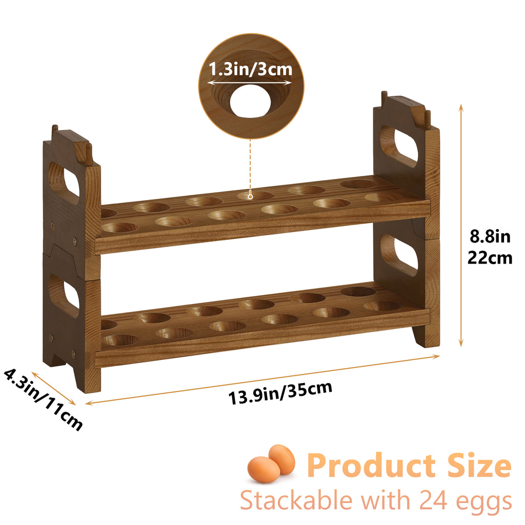 2-Tier Wooden Egg Holder for Countertop - Stackable Fresh Egg Storage Rack - Rustic Farmhouse Kitchen Organizer for up to 24 Eggs