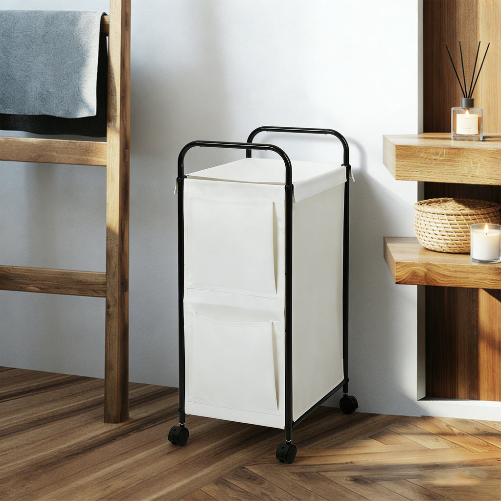 Slim Rolling Laundry Basket with Wheels - Narrow Laundry Hamper with Side Pockets, Portable Dirty Clothes Storage Organizer for Laundry Room, Bedroom and Small Spaces, White