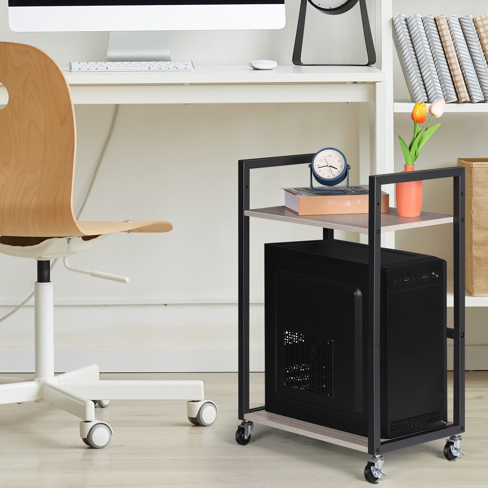 2-Tier Mobile Computer Tower Stand - Grey CPU Holder with Rolling Wheels for Home Office