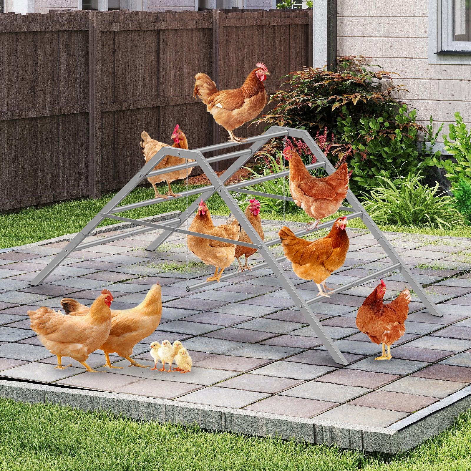 Metal Chicken Perch Ladder with Swing, Large Roosting Bar for Coop, Backyard Poultry Gym Stand for 10-12 Chickens, Grey