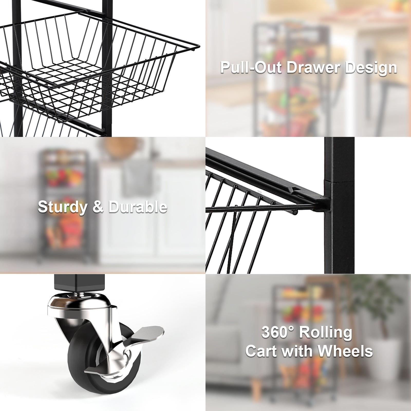 4-Tier Kitchen Fruit & Vegetable Trolley - Mobile Pantry Storage Rack with Pull-Out Wire Baskets,
